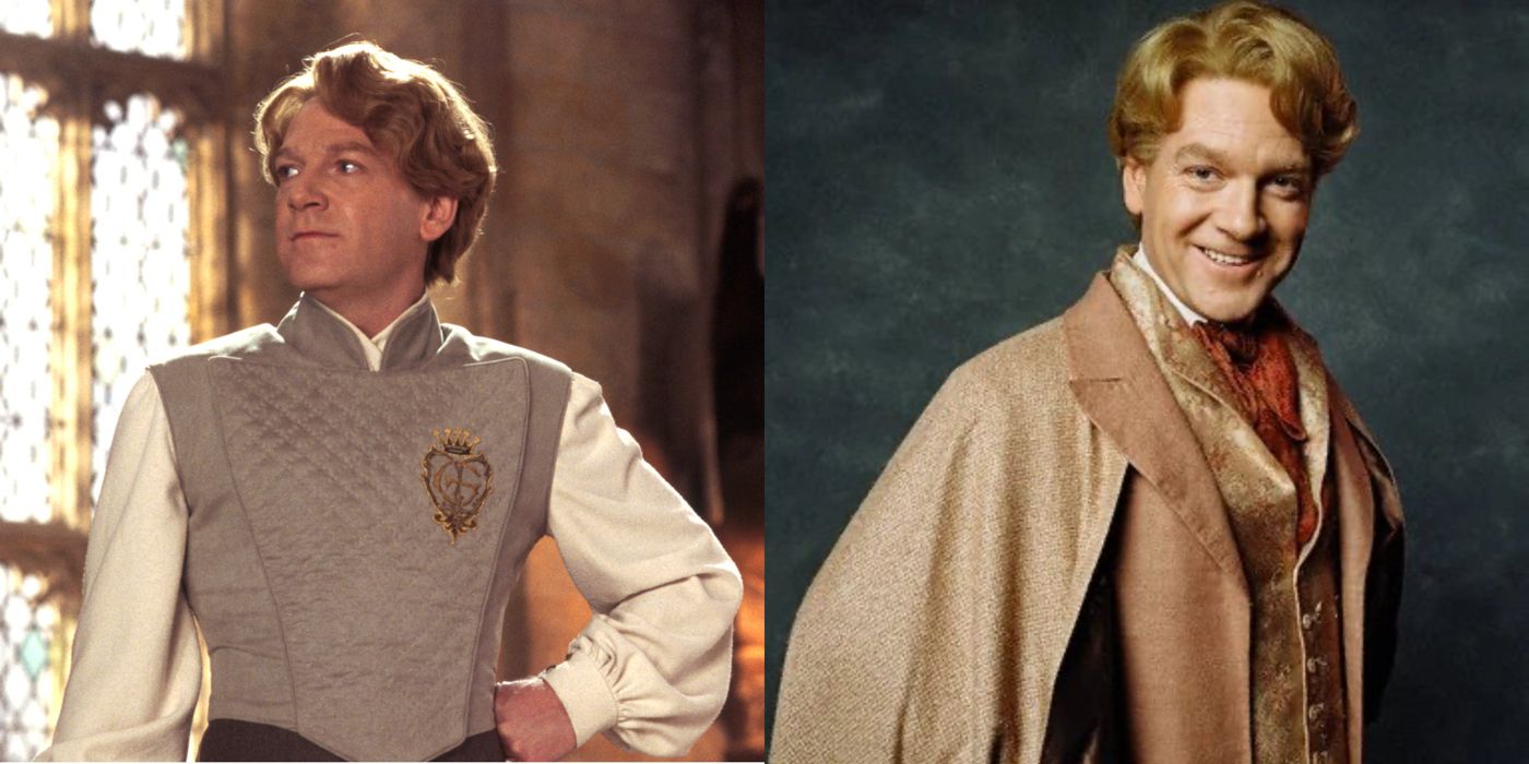 Lockhart stands proudly in front of a window at Hogwarts, and Lockhart stands defiantly in front of a muted background.