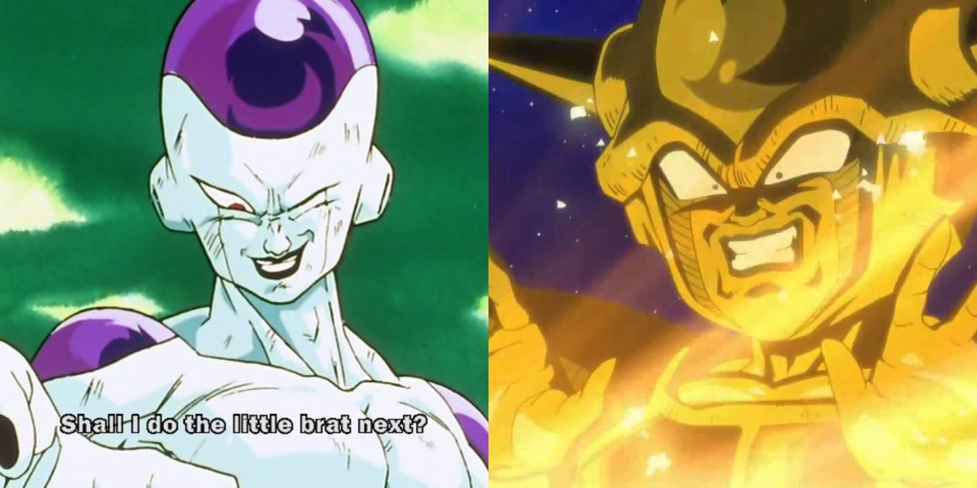 A split image of Frieza after he kills Frieza and Frieza after he destroys Planet Vegeta from Dragon Ball Z.