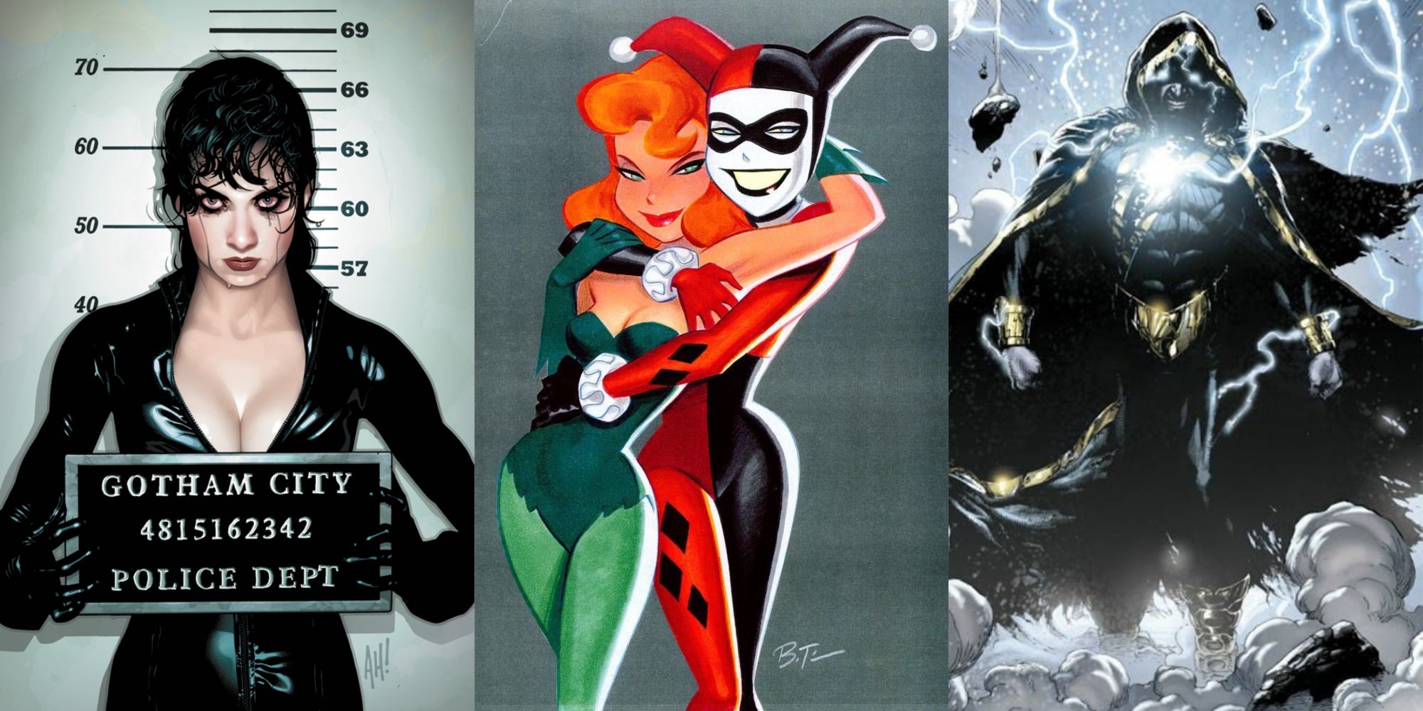 Split image of Catwoman, Harley Quinn and Poison Ivy, and Black Adam from DC Comics.