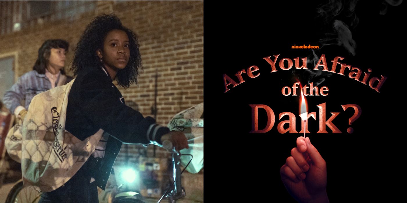 Split image of a scene from Paper Girls and the title card of Are You Afraid Of The Dark