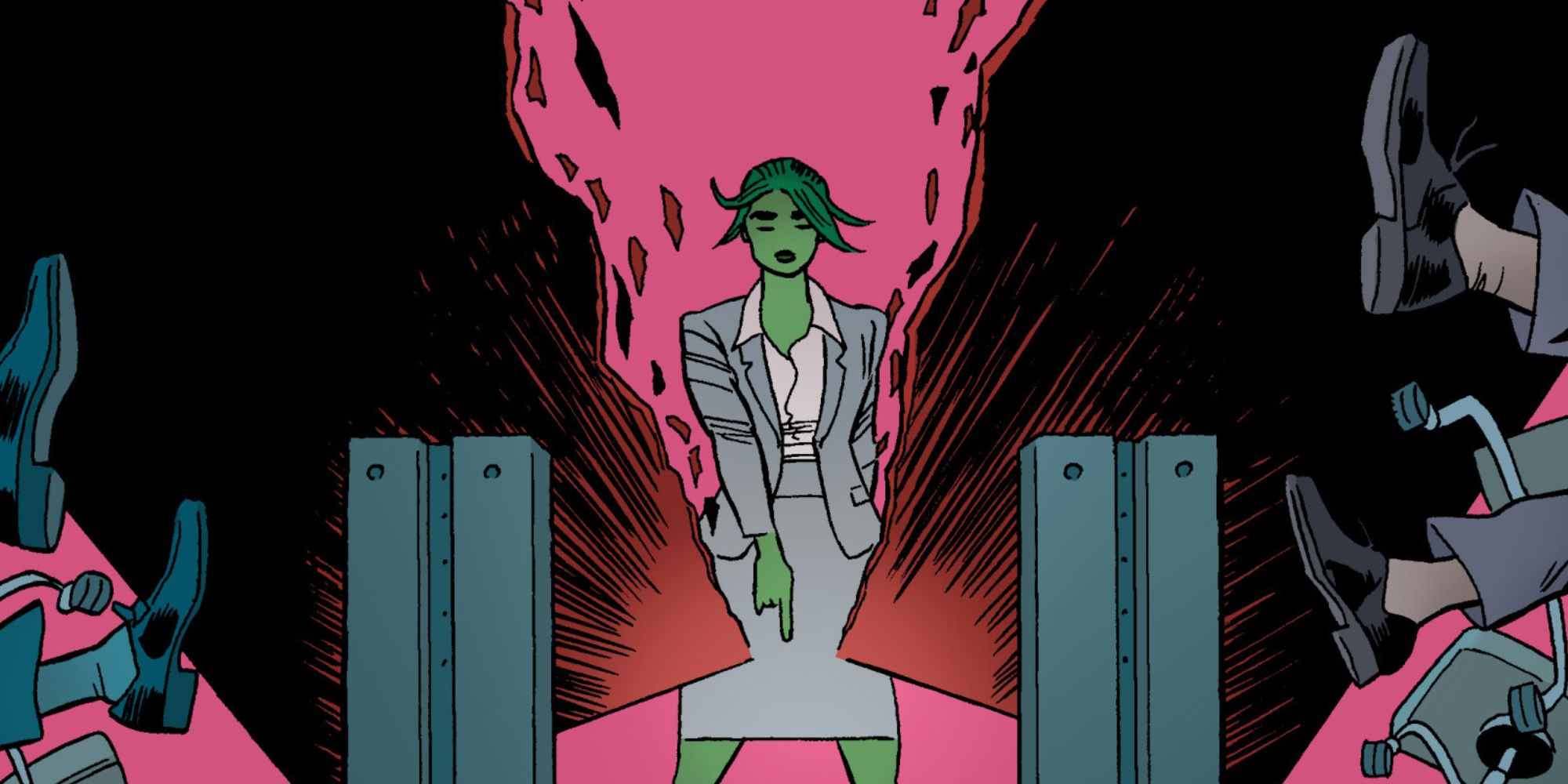 She-Hulk breaks a table in Marvel Comics.