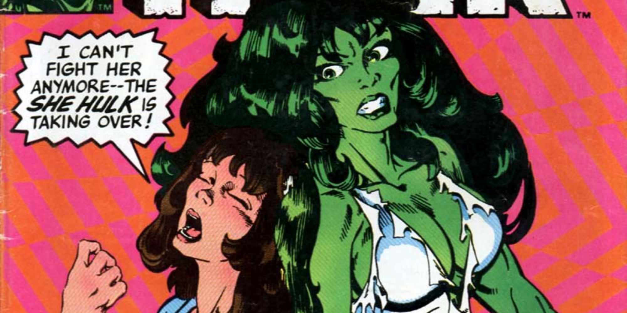 Jennifer Walters wrestles with her She-Hulk persona in Marvel comics.
