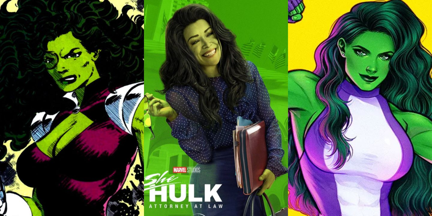 Split image of She-Hulk by John Byrne, in the MCU, and by Jen Bartel in Marvel Comics.