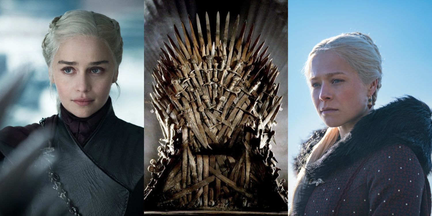 Split image of Daenerys and Rhaenyra Targaryen with the Iron Throne in the center