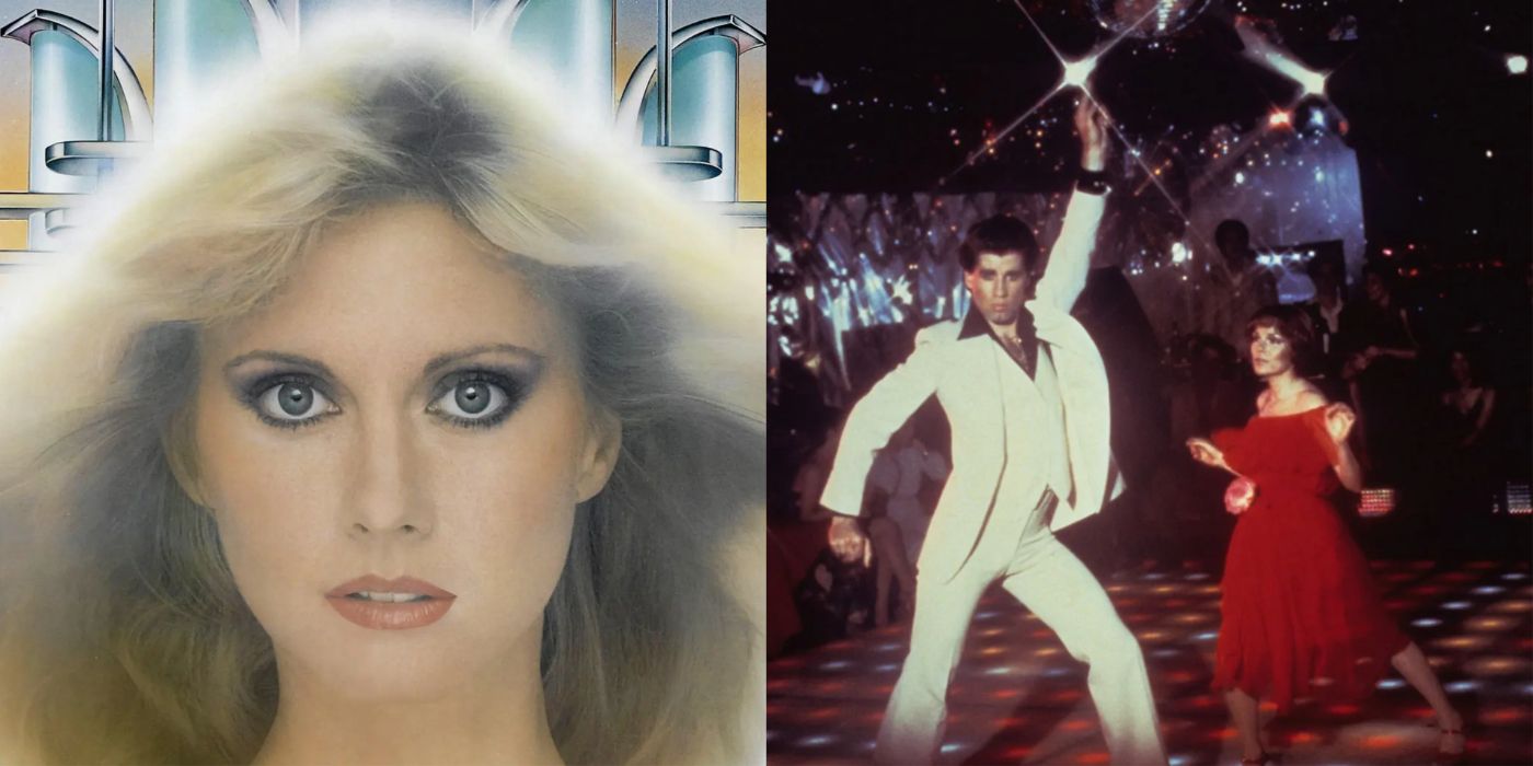 Split image of Olivia Newton-John in Xanadu and a dancing scene in Saturday Night Fever