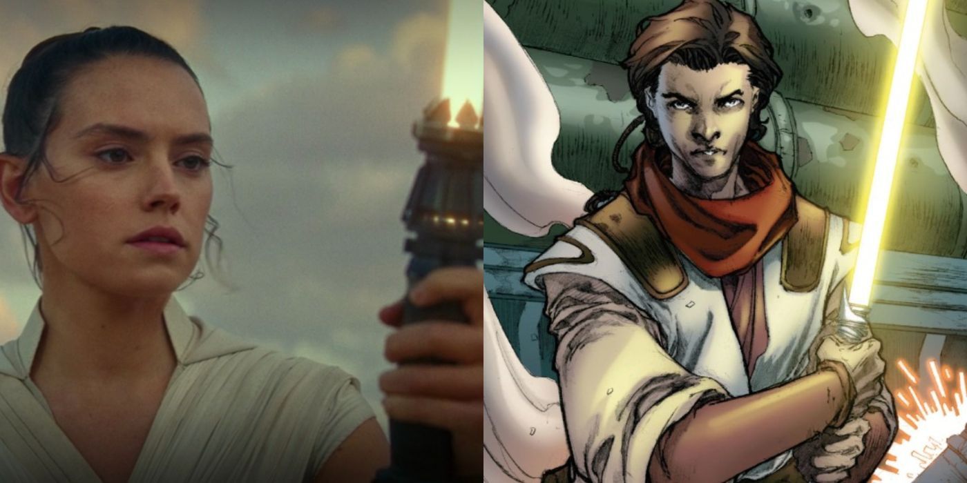 A split image of Rey Skywalker and Zayne Carrick from Star Wars.