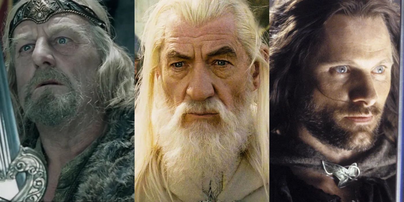 Split image of Theoden, Gandalf and Aragorn in The Lord Of The Rings