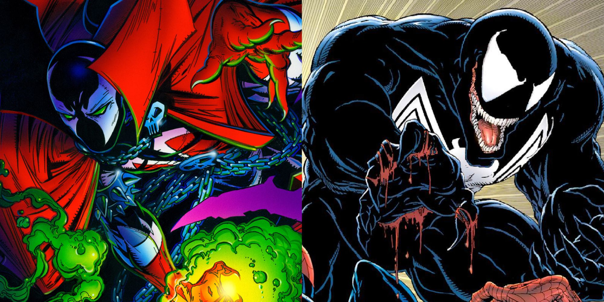 Split image of Spawn from Spawn comics and Venom from Marvel Comics.