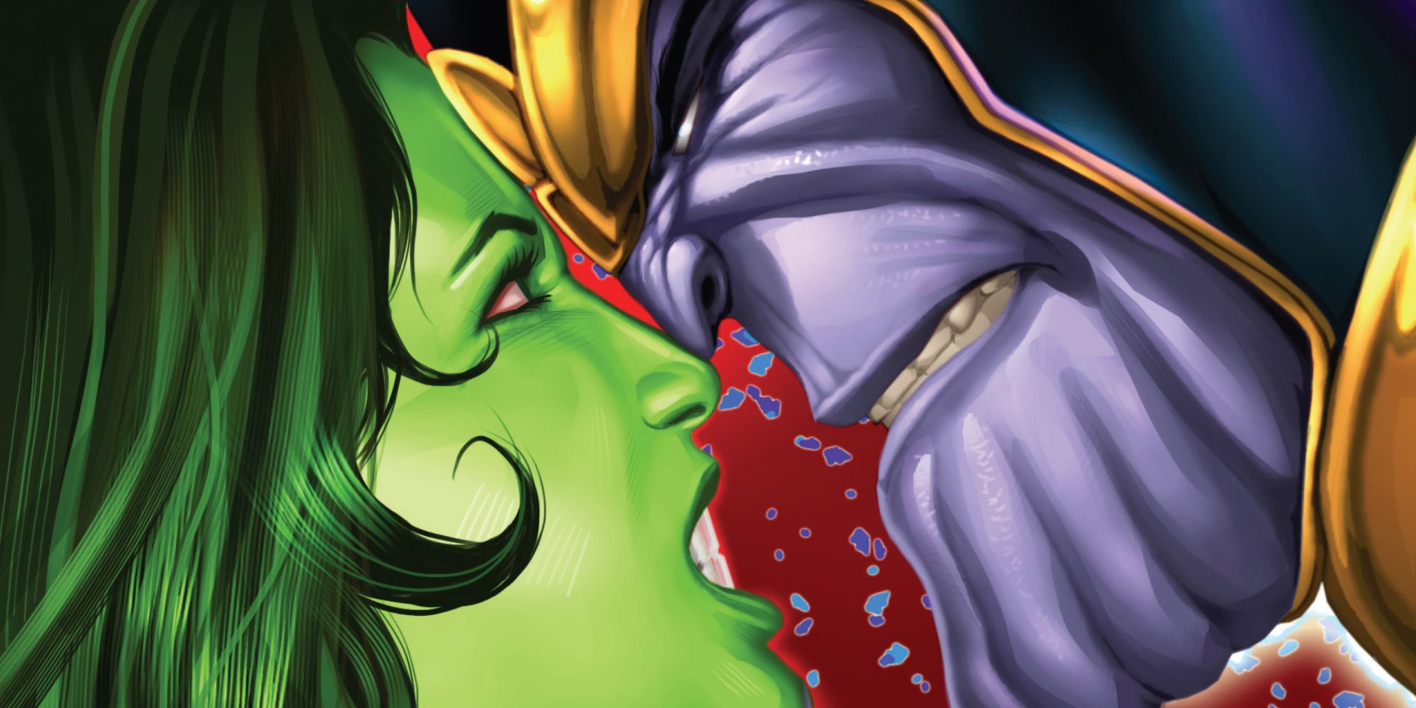 She-Hulk confronts Thanos in Marvel Comics.