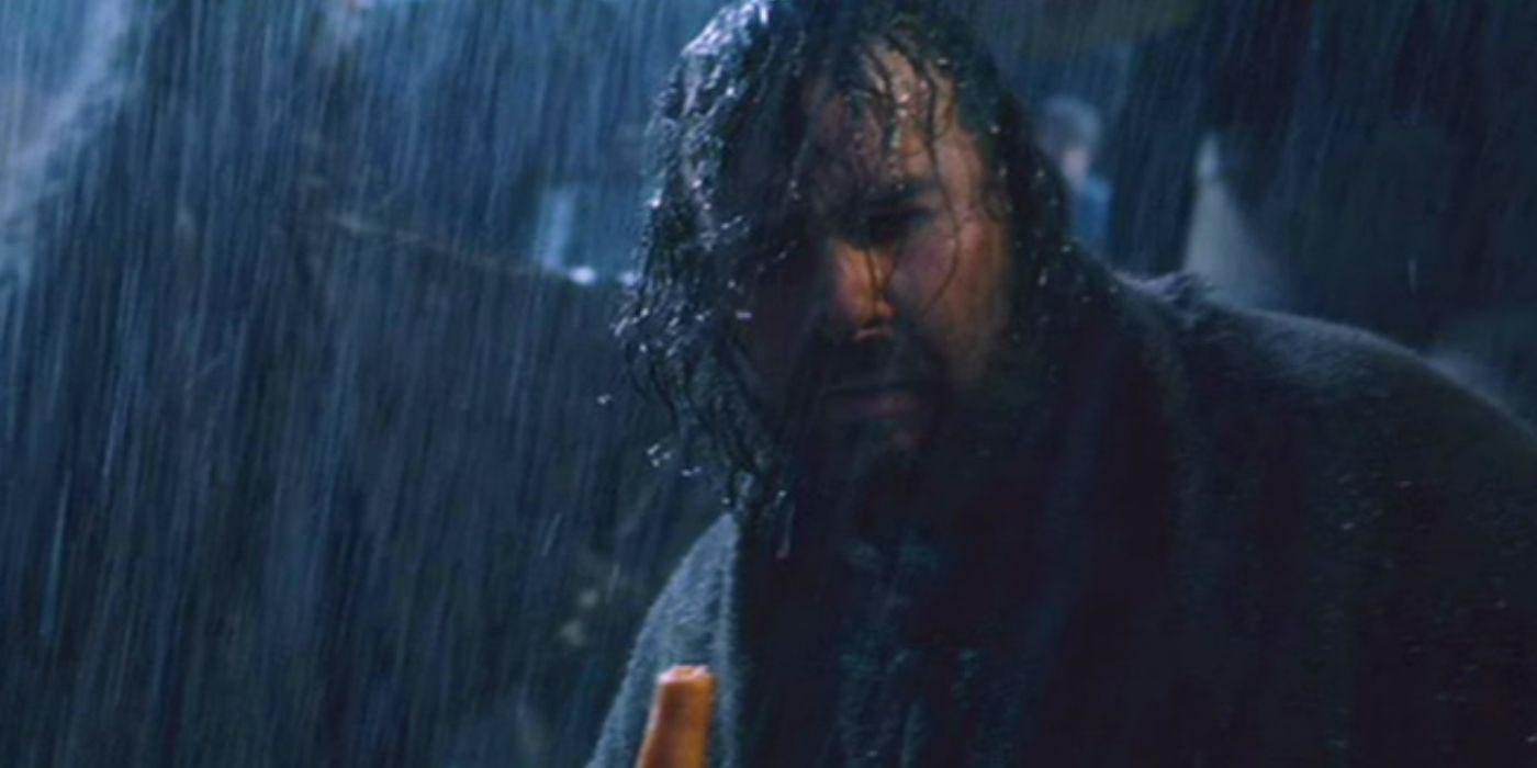 Peter Jackson in a cameo standing in the rain in the Fellowship of the Ring.