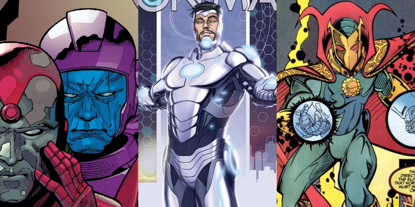 Split image of Iron Lad, Superior Iron Man, and Sorcerer Supreme Iron Man from Marvel Comics.