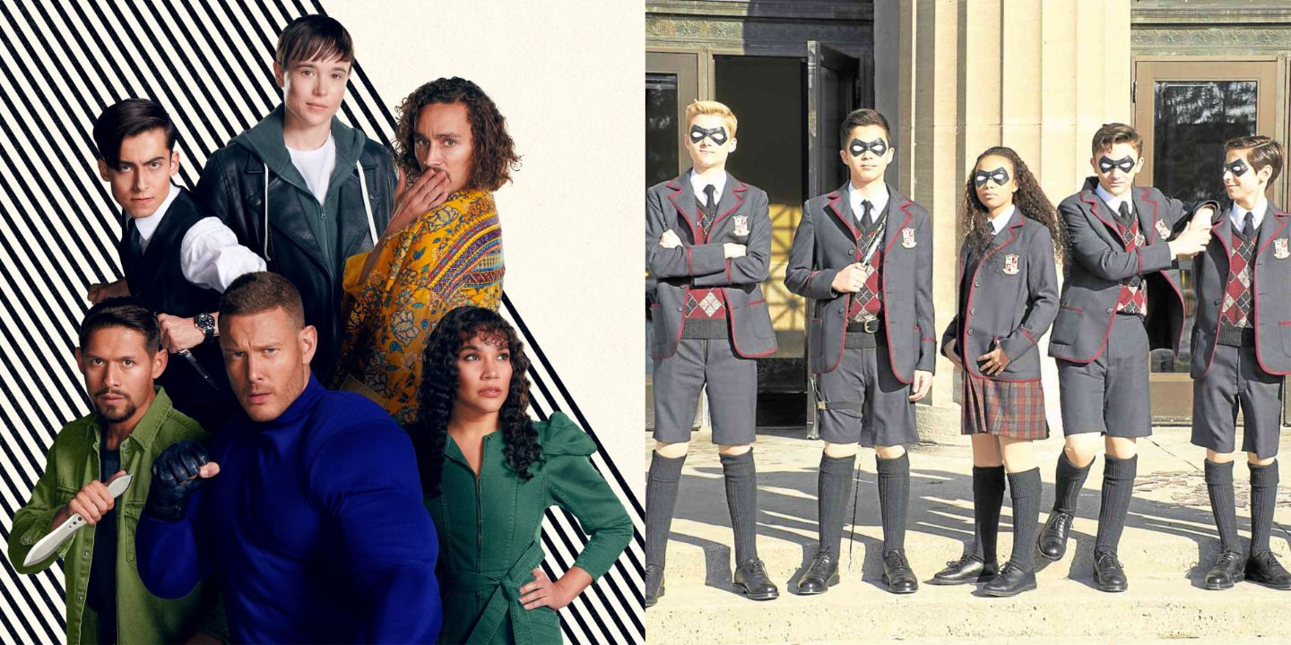 Split image of the Hargreeves family in The Umbrella Academy