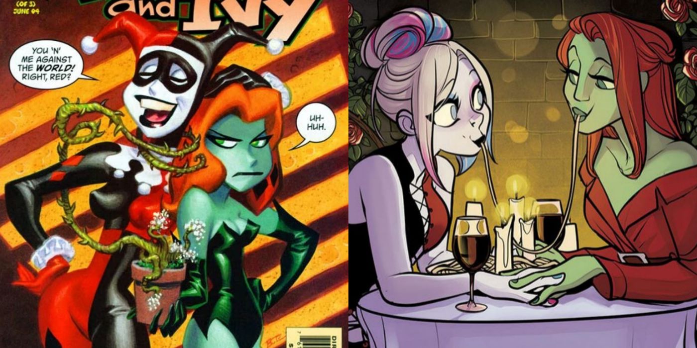 Split image of Harley Quinn and Poison Ivy in the comics