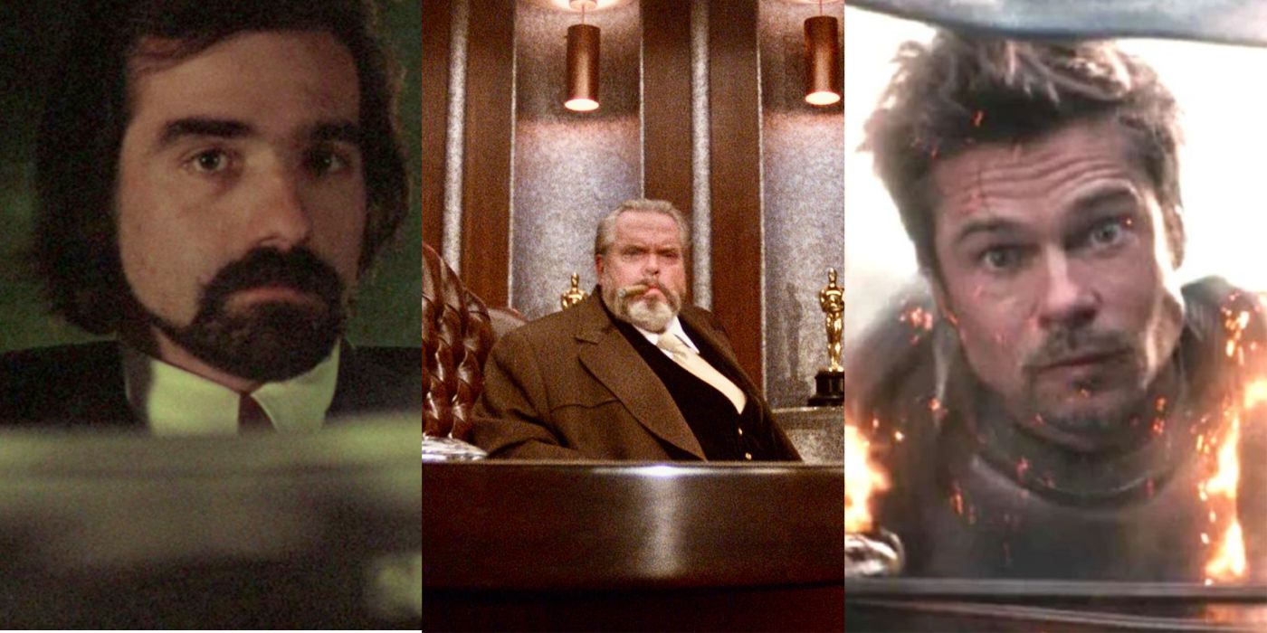 Three side by side images of Martin Scorsese, Orson Welles, and Brad Pitt.