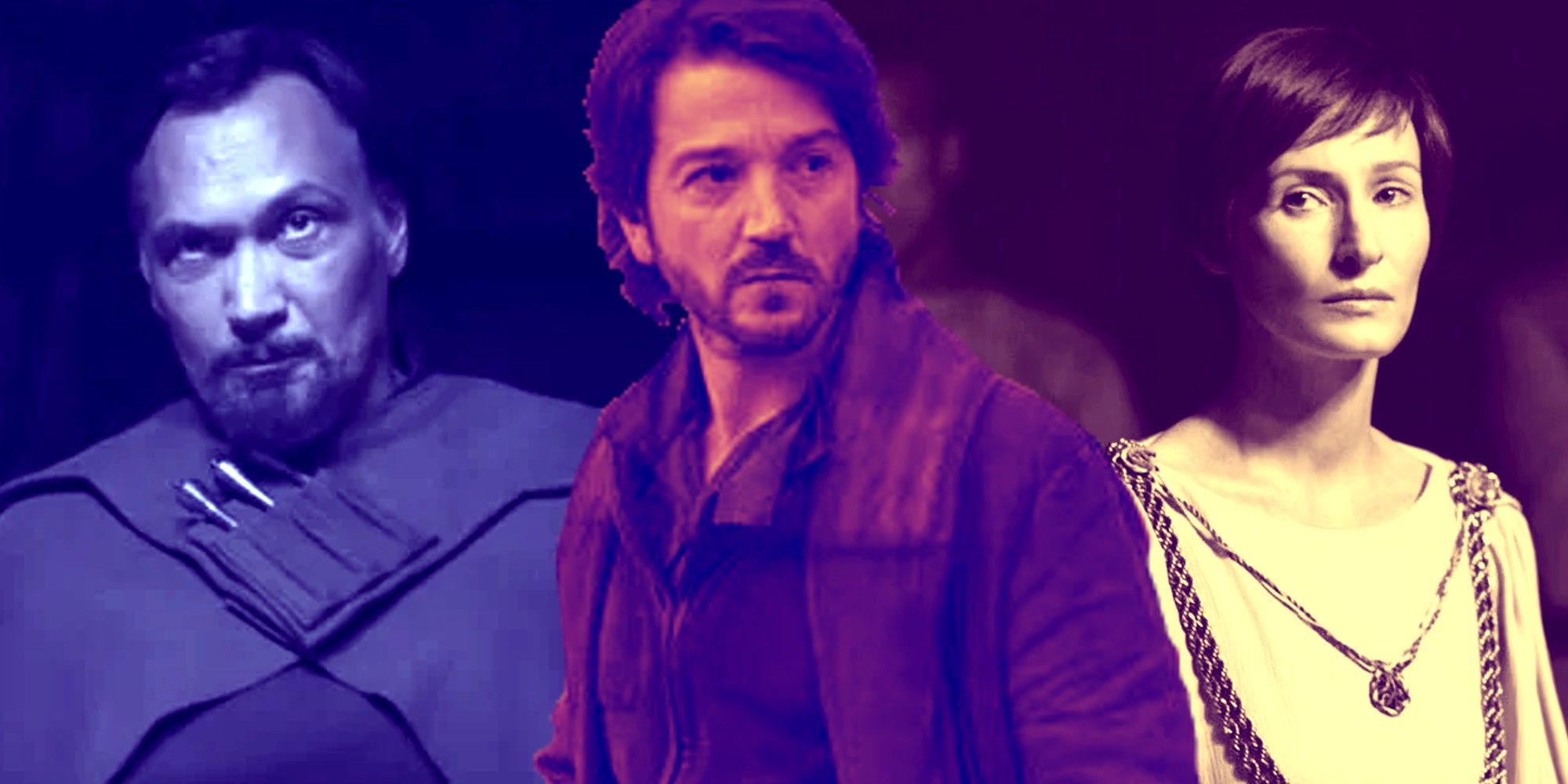 Collage of Bail Organa, Cassian Andor, and Mon Mothma in Andor