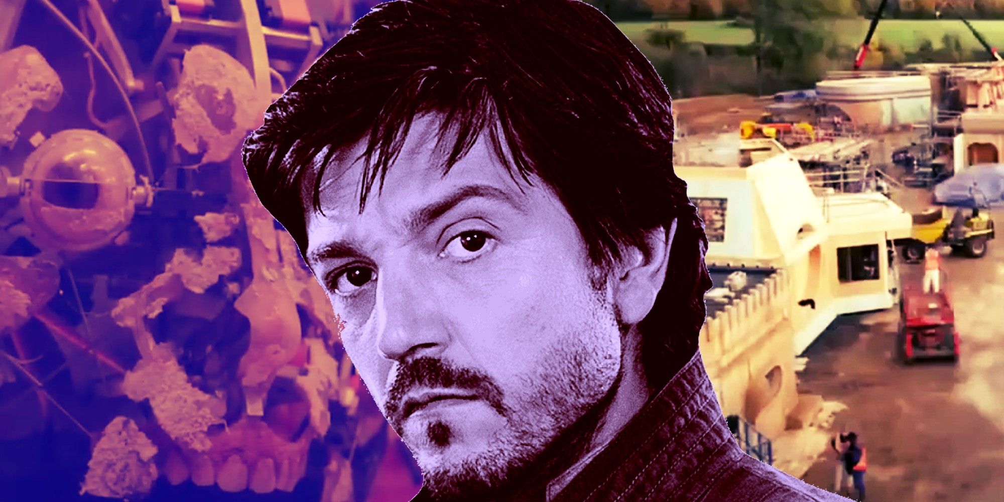 Collage of set construction, practical effects, and Diego Luna as Cassian Andor in Star Wars: Andor
