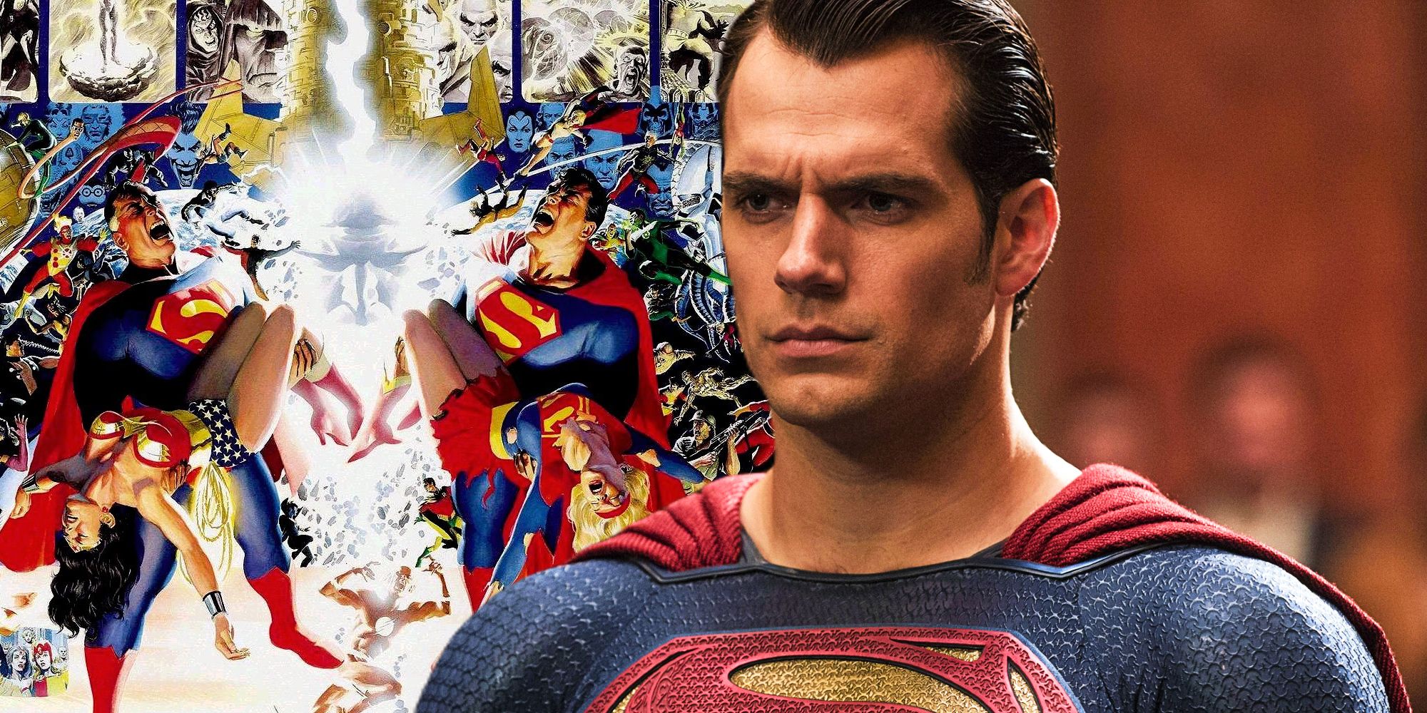 Crisis on Infinite Earths comic book panel and Henry Cavill as Superman