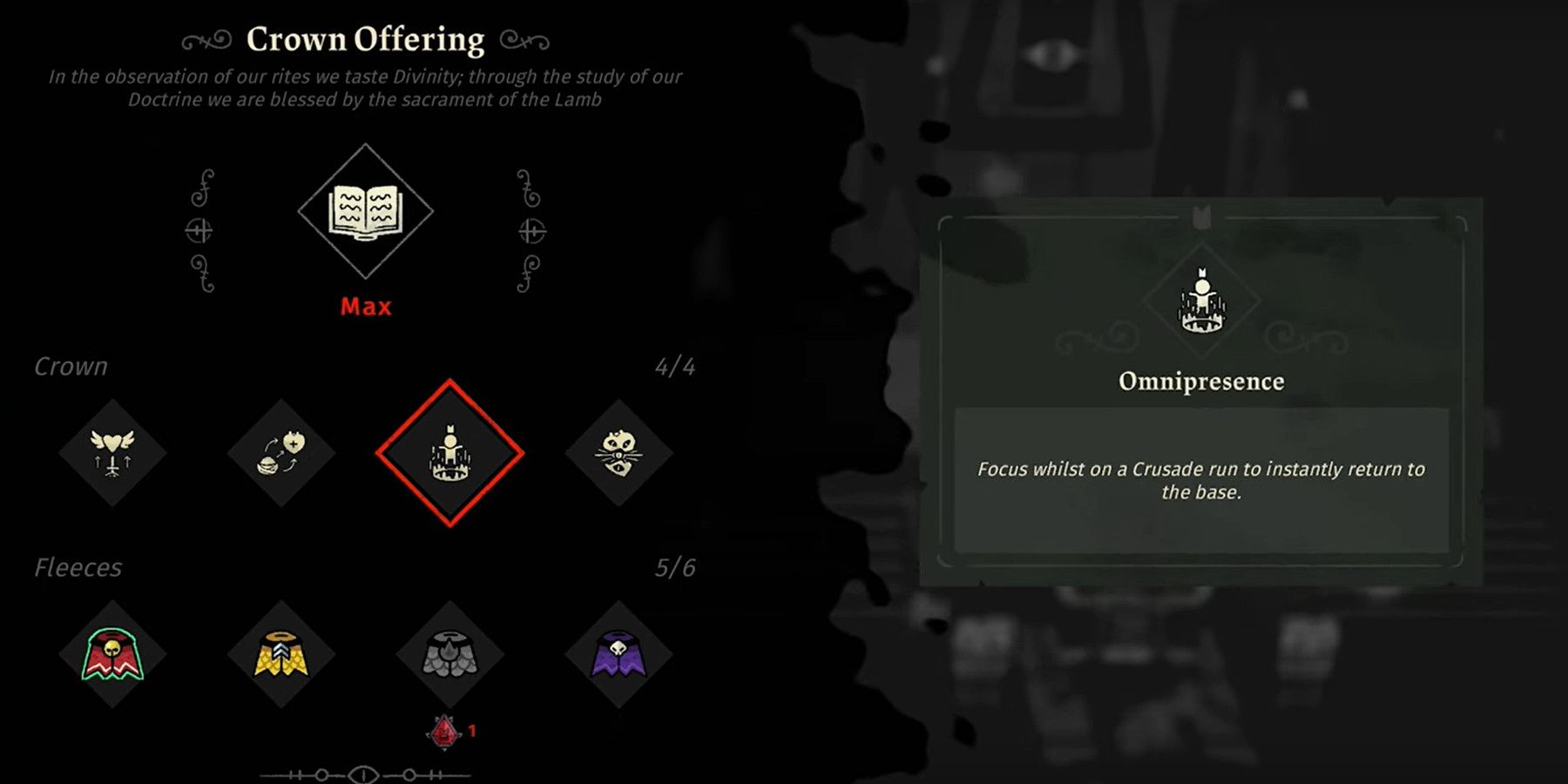 Cult of the Lamb Crown Offerings Crusade Upgrades Omnipresence Menu