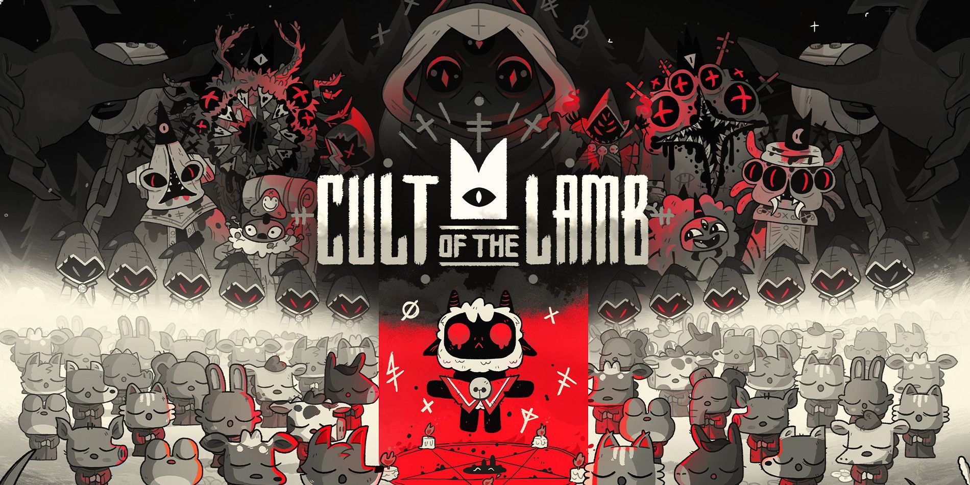 Cult of the Lamb's title art, with the titular Lamb surrounded by followers beneath the game's name.