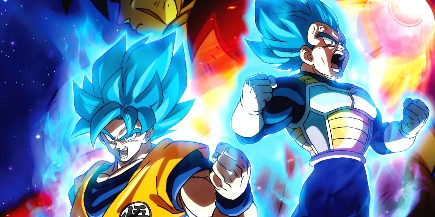 Anime characters Goku and Vegeta upgrading their Saiyan forms in Dragon Super Ball: Broly