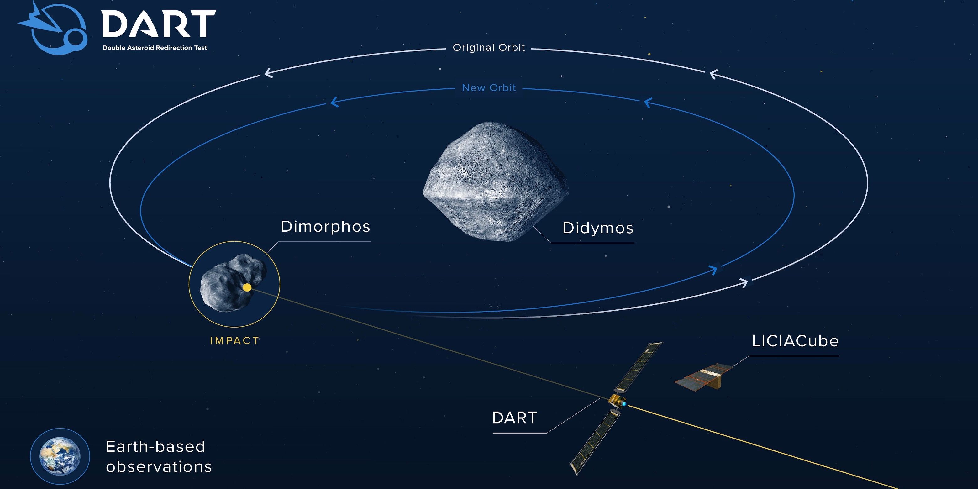 An illustration showing the current and anticipated orbits of Dimorphos after impact.