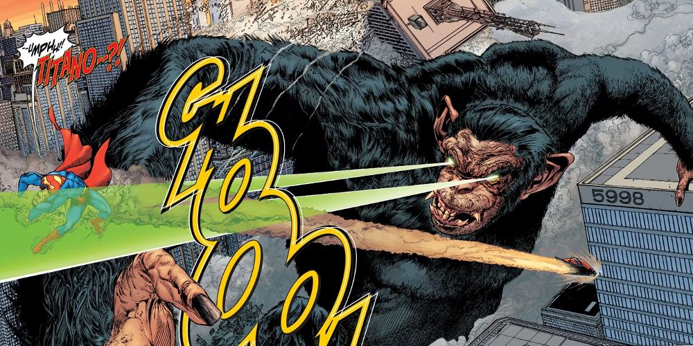 Titano shoots Kryptonite beams at Superman in a DC comic