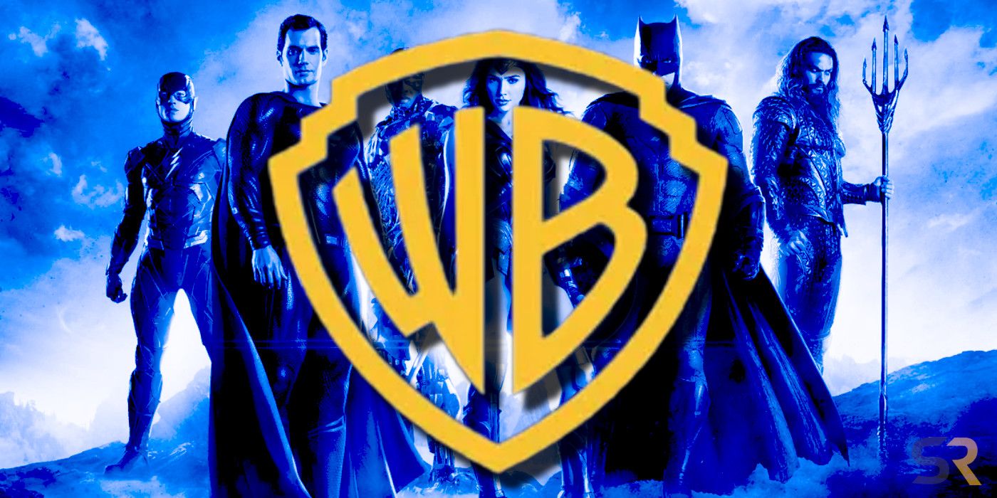 Um logotipo amarelo da Warner Bros. Discovery sobre uma imagem azul e branca da Liga da Justiça