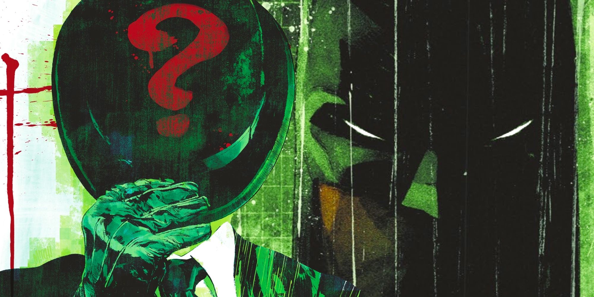 Comic book art: the Riddler puts his hat over his face in front of a scowling Batman.