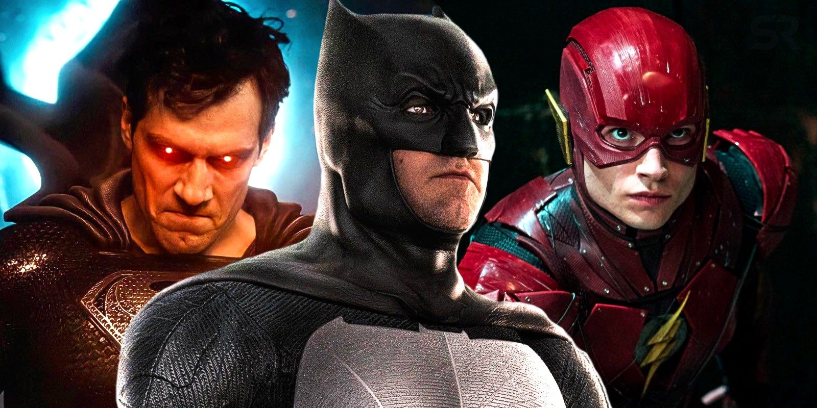 Ben Affleck as Batman, Henry Cavill as Superman, and Ezra Miller as Flash