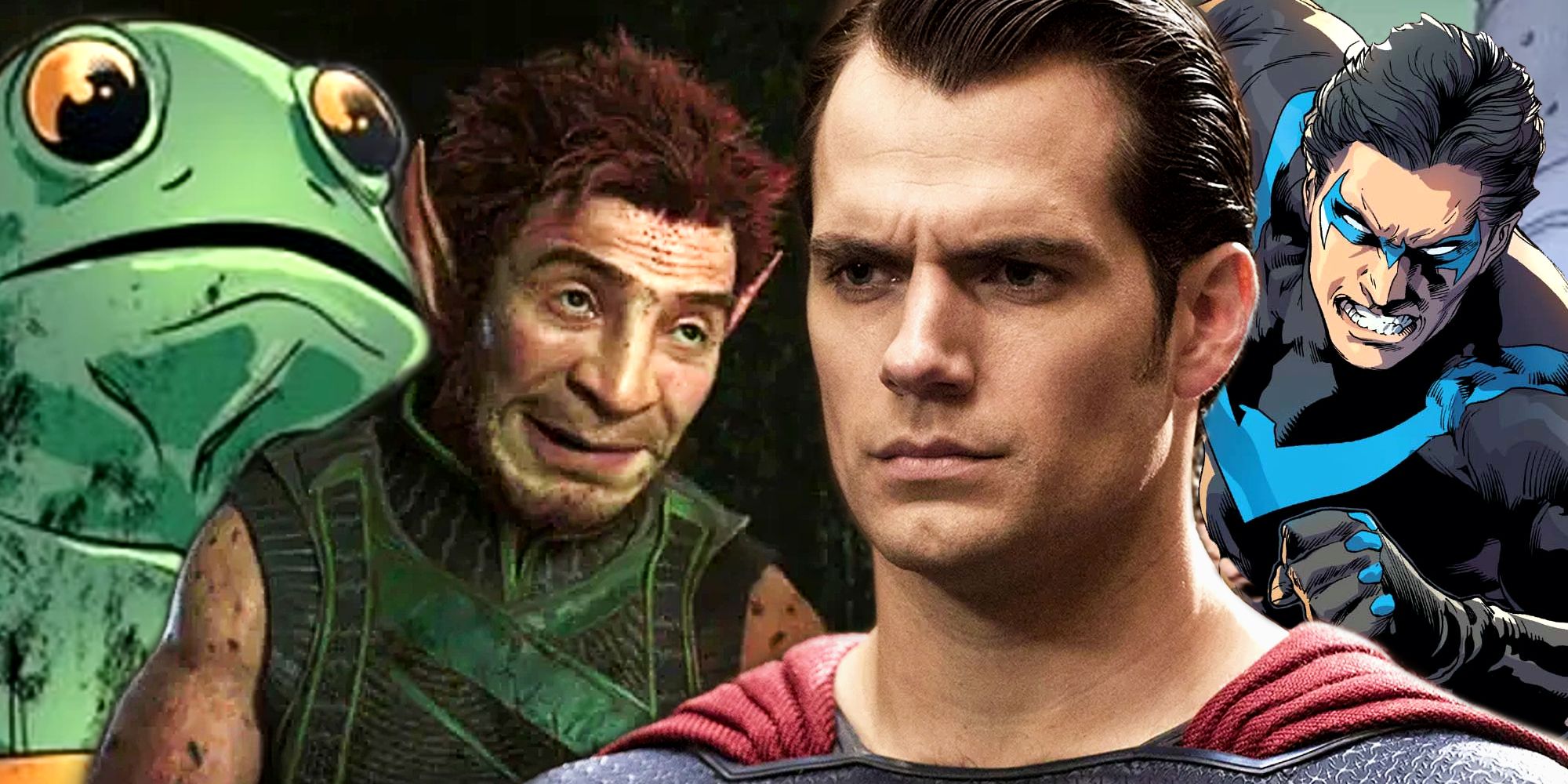 DCEU Superman and DC Nightwing with MCU Pip the Troll and Marvel Frog Man