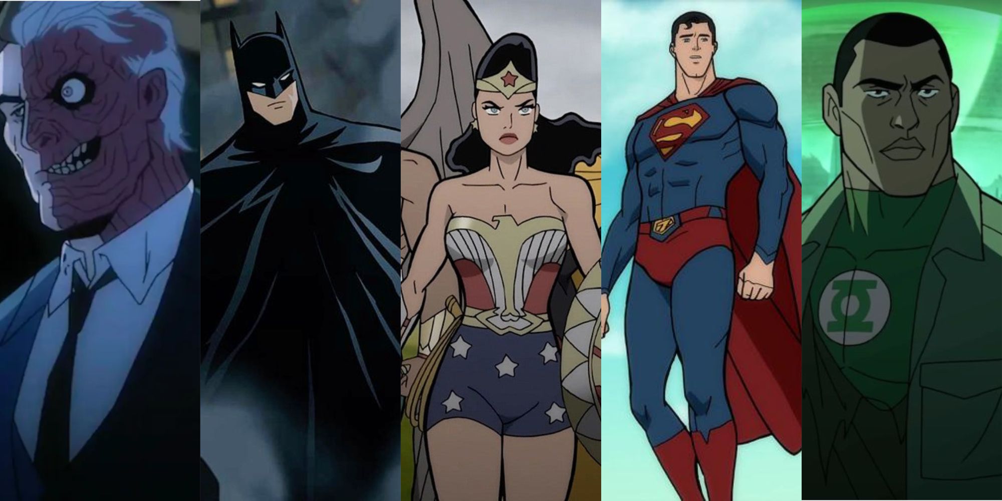 A collage of characters from DC&rsquo;s Rebirth Animated Movie Universe Films