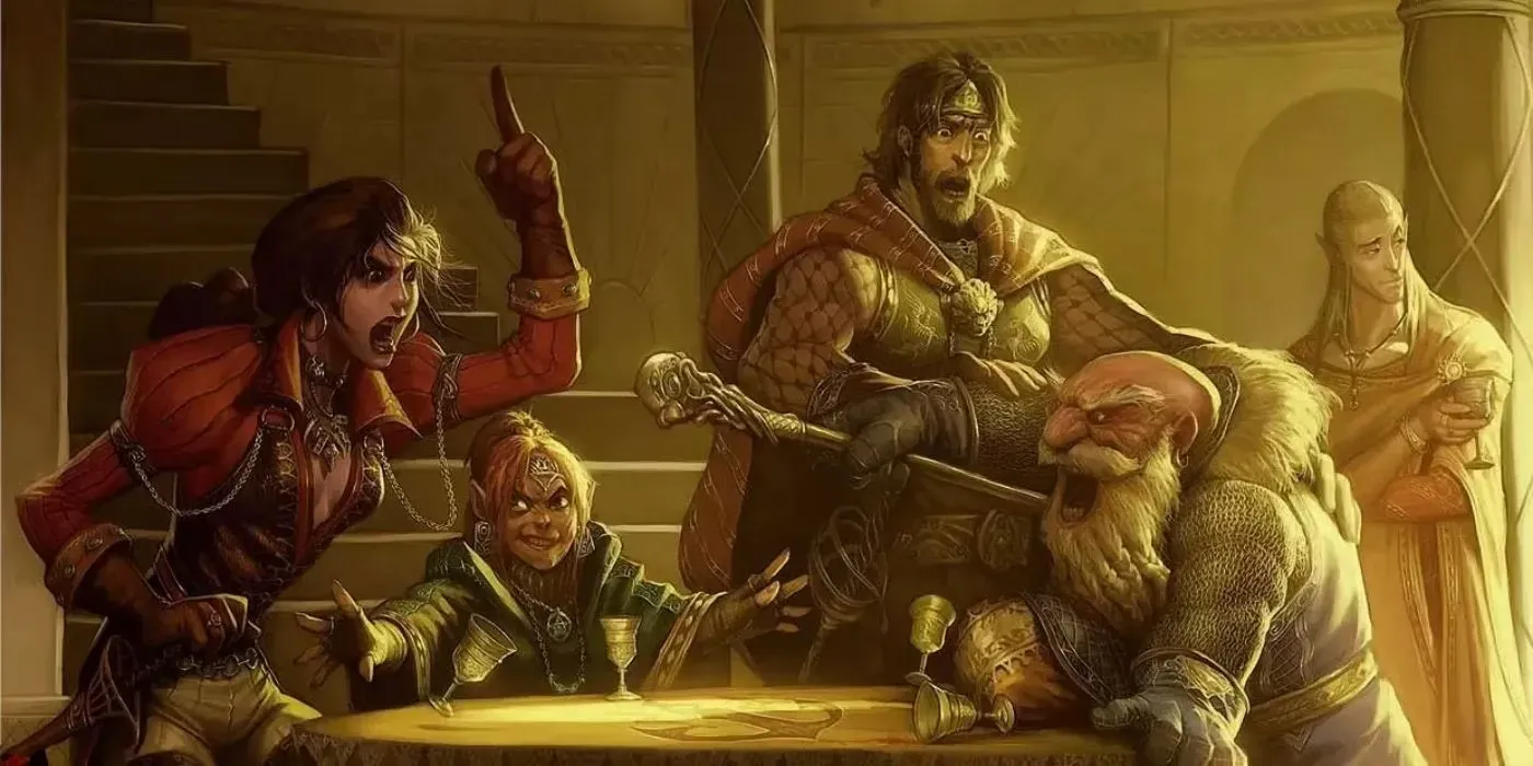 Um grupo de personagens de D&D discutem animadamente ao redor de uma mesa.