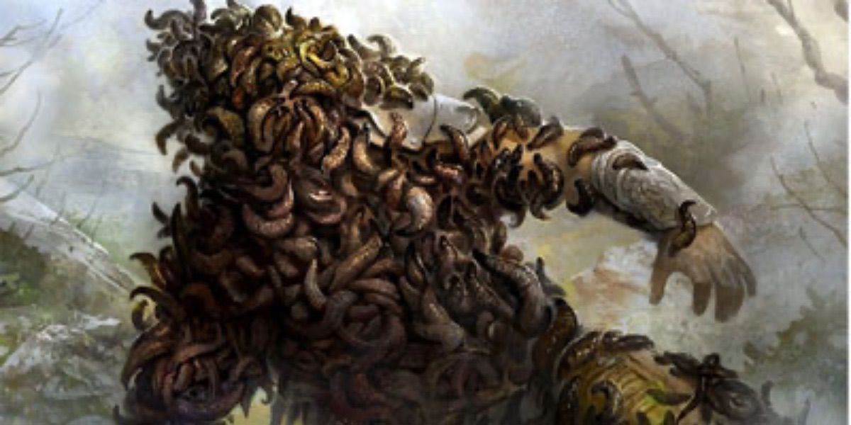 An adventurer collapses while being attacked by rot grubs in D&amp;D