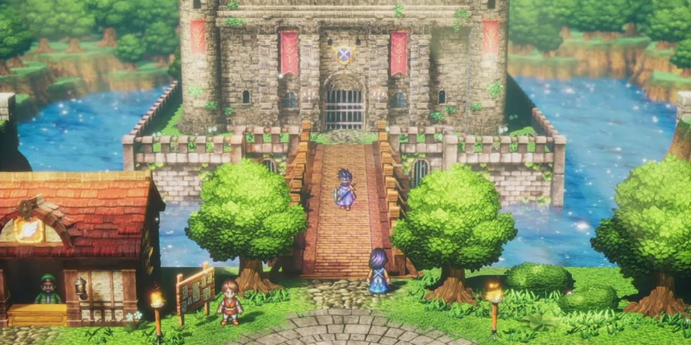 Still of the hero character in a town walking into a castle in DQIII HD-2D Remake.