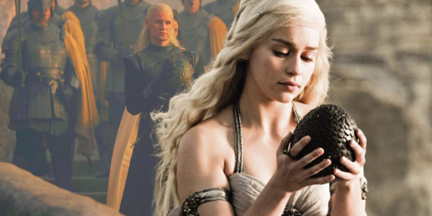Daemon Targaryen in House of the Dragon and Daenerys in Game of Thrones with dragon eggs