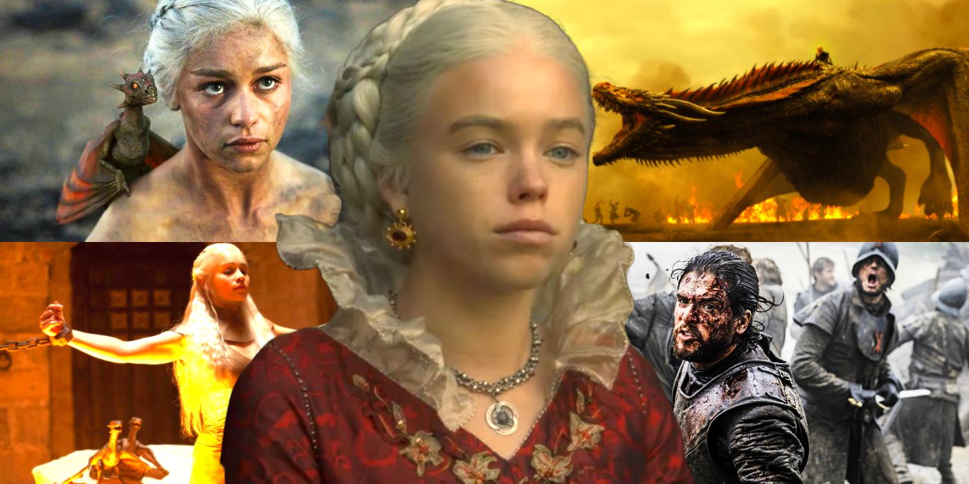 Daenerys, Drogon, and Jon Snow in Game of Thrones and Rhaenyra in House of the Dragon