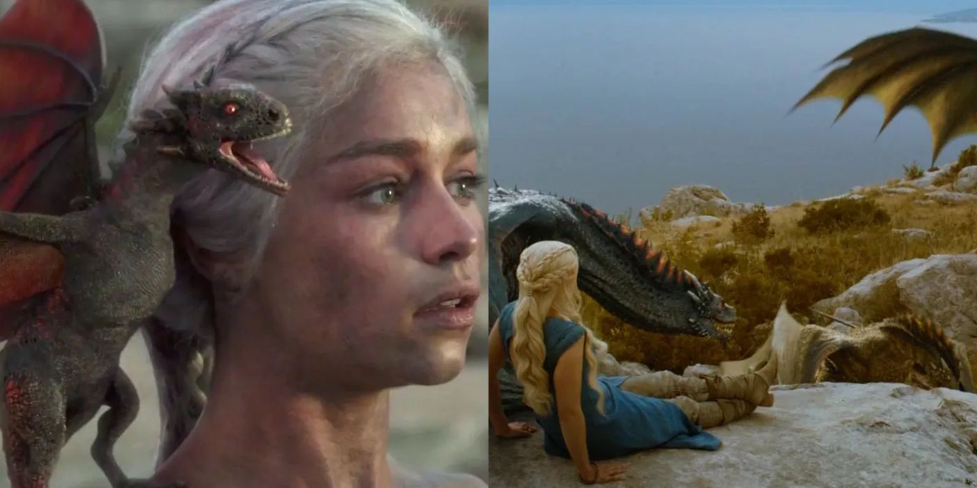 Split image with Daenerys with baby Drogon on her shoulder and Daenerys lounging with her three dragons around her. 