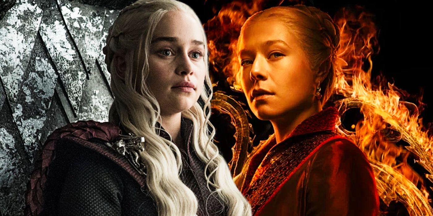 Imagem combinada mostrando Daenerys e Rhaenyra em Game of Thrones e House of the Dragon