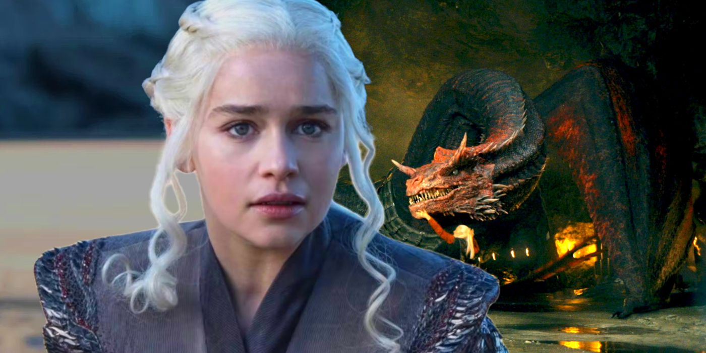 Daenerys in Game of Thrones and Caraxes in House of the Dragon