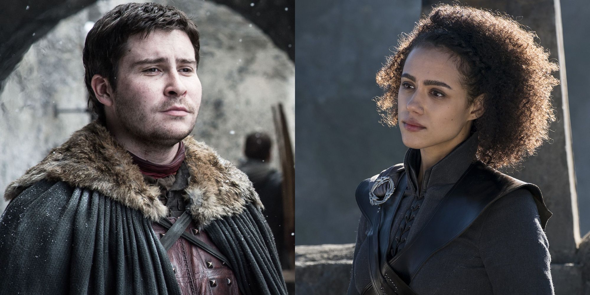 Split image showing Podrick Payne and Missandei in Game of Thrones.