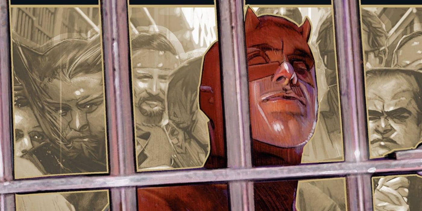 Daredevil in jail with various villains behind him.
