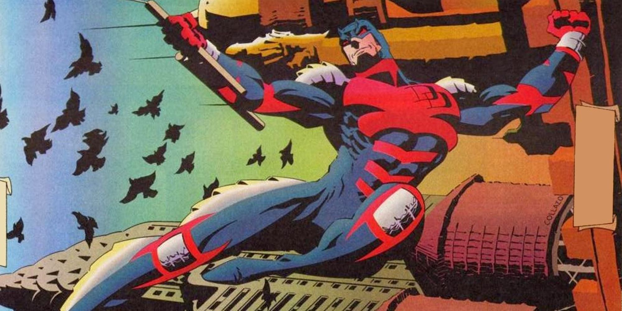 Demolidor como retratado em seu traje blindado dos anos 90 nos quadrinhos da Marvel