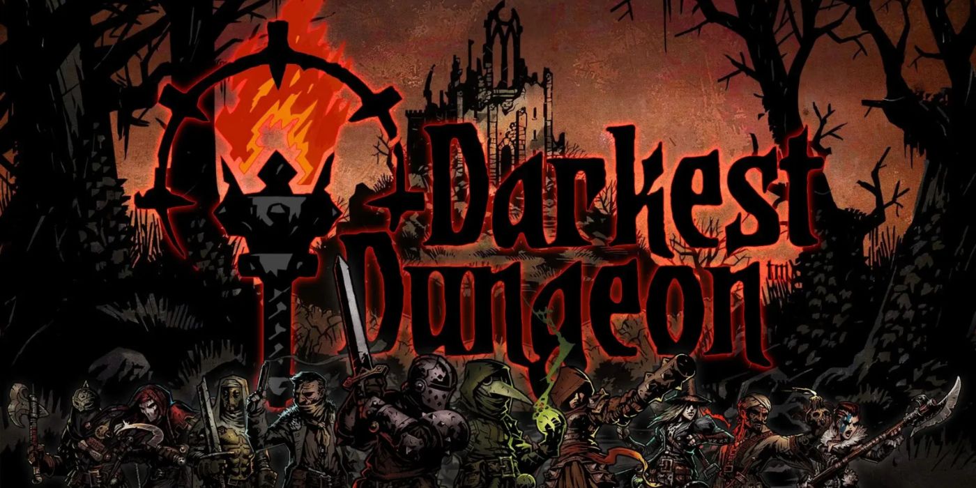 Darkest Dungeon promo art featuring the various characters and the titular dungeon looming in the background.