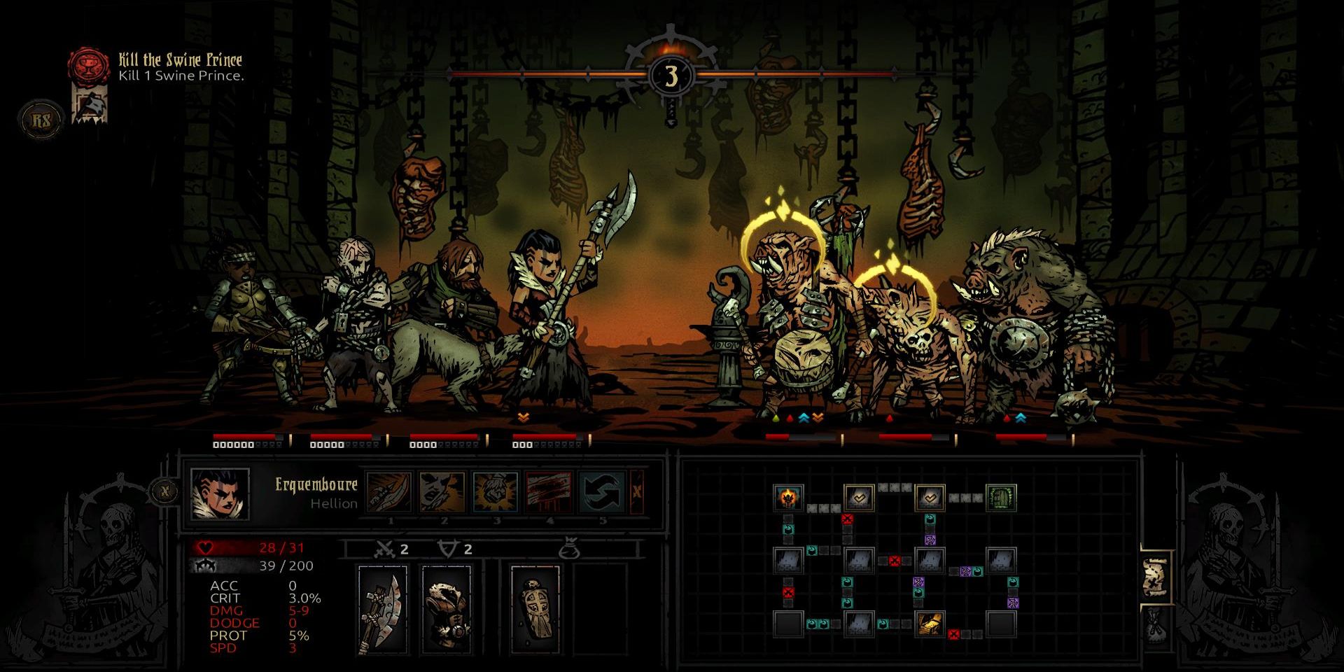 Combat in indie game Darkest Dungeon, with the player's party on the left facing a group of grisly pig-like creatures on the right.