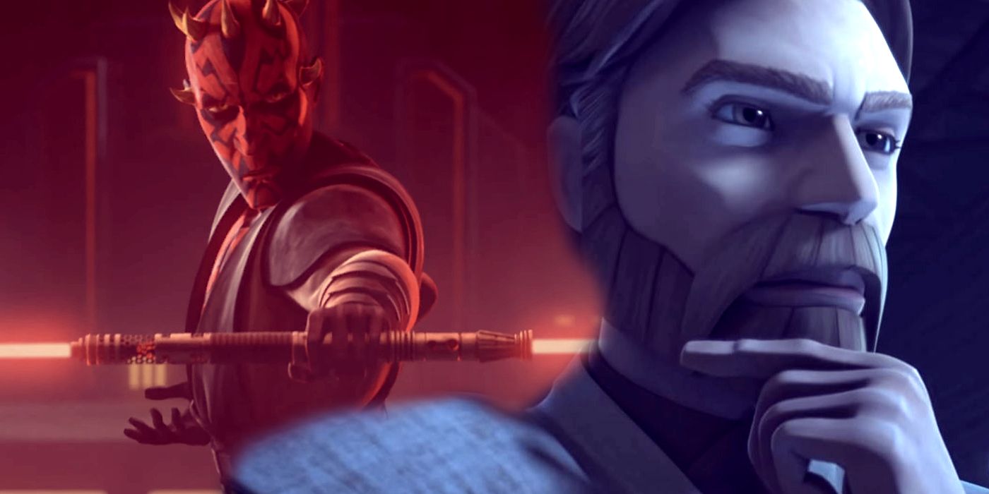 The Clone Wars: Darth Maul ignites his lightsaber, Obi-Wan strokes his beard thoughtfully
