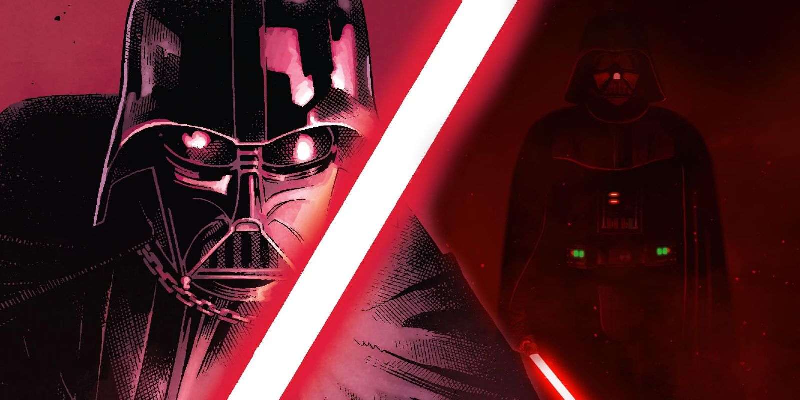 Split image: Darth Vader ignites his lightsaber (comic book); Darth Vader w/ lightsaber at the end of a hallway in Rogue One