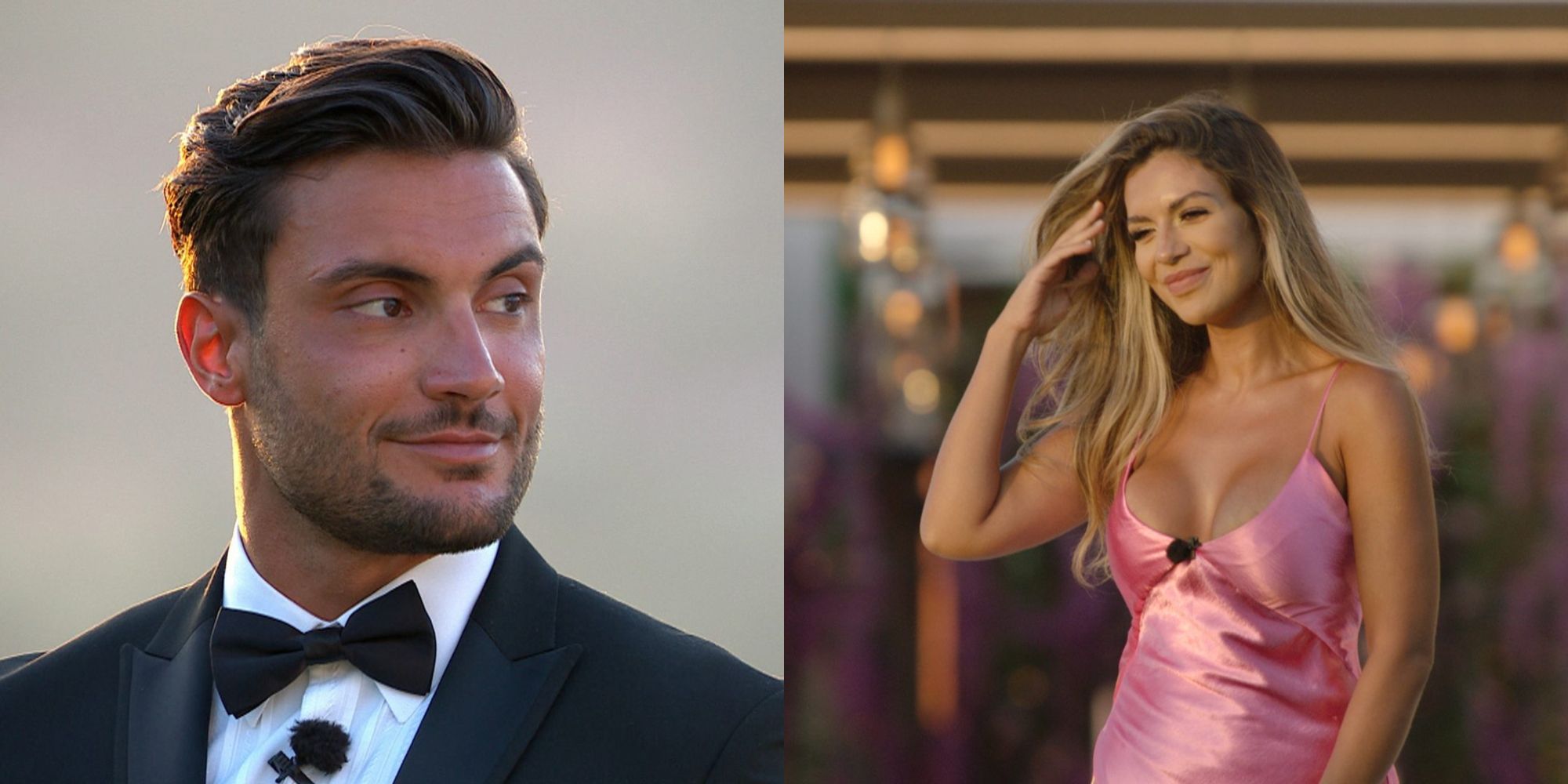Split image of Davide in his tux and Ekin in a hot pink dress on their last evening in the Love Island villa before the live finale.