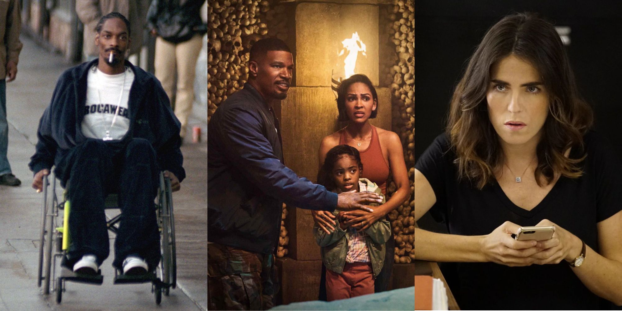 Split image of Snoop Dogg in Training Day, Jamie Foxx and Meagan Good in Day Shift, and Karla Souza in How To Get Away with Murder