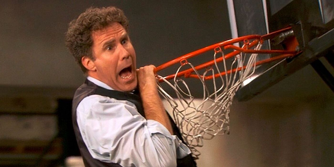 Will Ferrell as Deangelo Vickers hanging from a basketball hoop in The Office