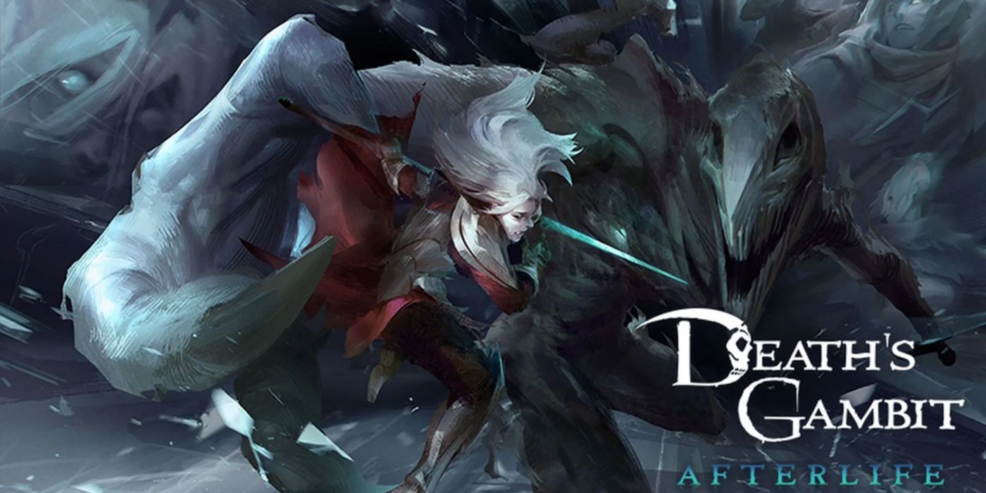 Death's Gambit: Afterlife promo art featuring the protagonist within the grasp of a monster.
